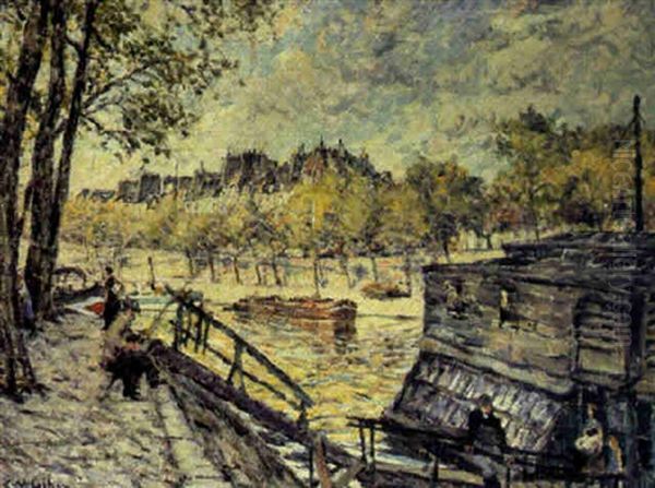 Le Bateau-lavoir Au Quai D'anjou Oil Painting by Clarence Montfort Gihon