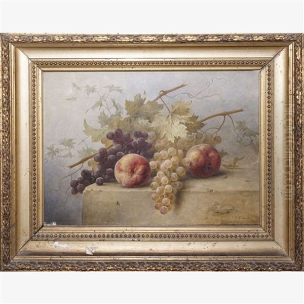 Peches Et Grappes De Raisin Sur Un Entablement Oil Painting by Joseph-Eugene Gilbault