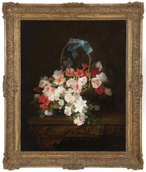 Still Life Of Azaleas And Camellias In A Wicker Basket Oil Painting by Joseph-Eugene Gilbault