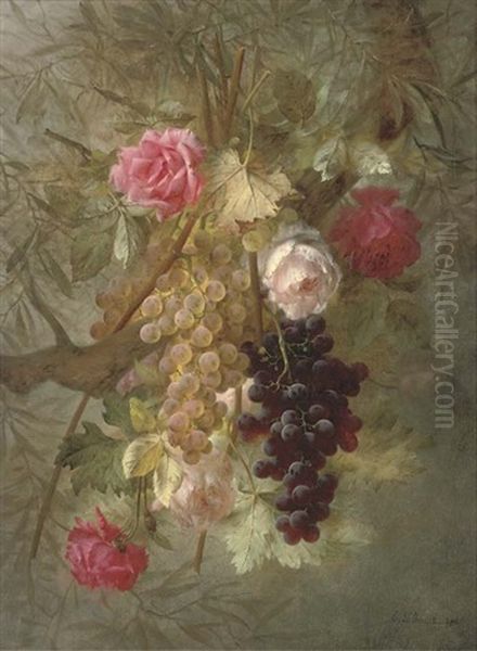 Grapes And Roses Draped Over A Branch Oil Painting by Joseph-Eugene Gilbault