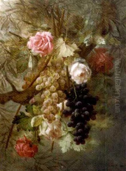 A Cluster Of Pink Roses And Grapes Oil Painting by Joseph-Eugene Gilbault