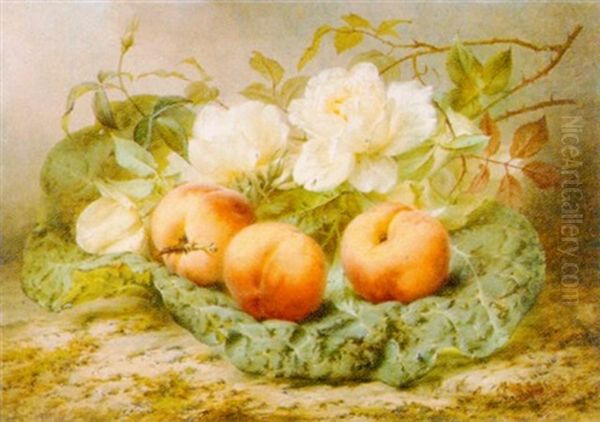 Stillleben Mit Pfirschen Und Rosen Auf Einem Blatt Oil Painting by Joseph-Eugene Gilbault