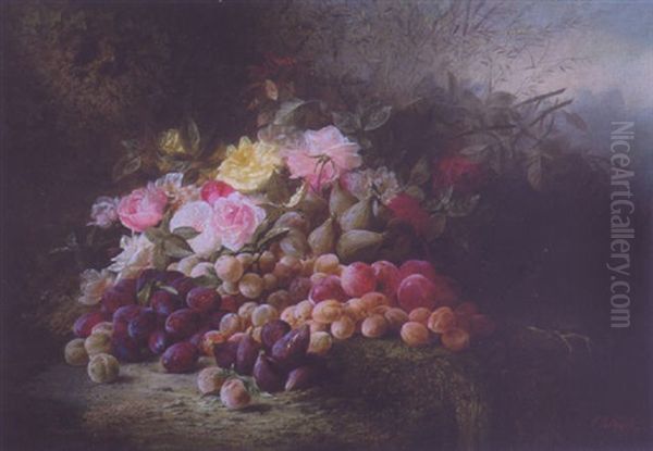 Still Life With Roses, Peaches, Plums And Figs by Joseph-Eugene Gilbault