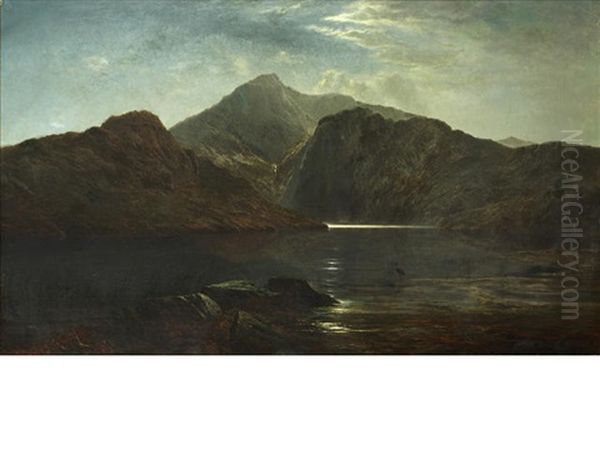 A Moonlit Mountain Lake Landscape With Heron Oil Painting by Albert Gilbert