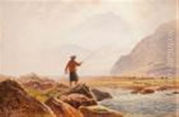 Fisherman In Mountainous Landscape By A Stream, & Couple Fishing On The Bank Of A Stream Oil Painting by Arthur Gilbert