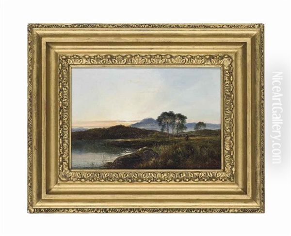 Cattle Grazing By The Water; Sunset Over The Lake (pair) Oil Painting by Arthur Gilbert