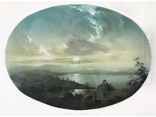 Lake Madewarree, Nr Geelong, Victoria, Australia By Moonlight With Emus In The Foreground Oil Painting by Arthur Gilbert