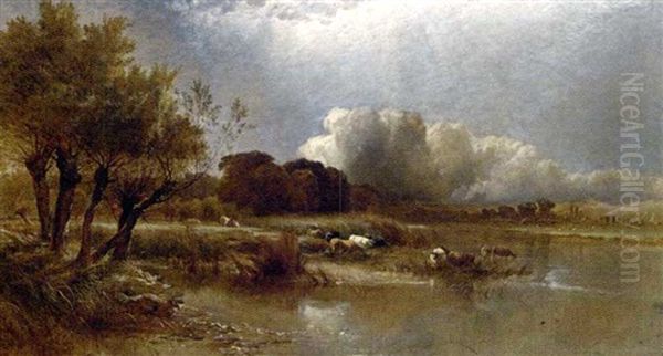 Cattle Watering In A Landscape, A Storm Approaching Oil Painting by Arthur Gilbert