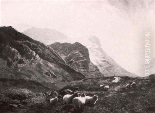 Sheep In A Mountainous Welsh Landscape Oil Painting by Arthur Gilbert