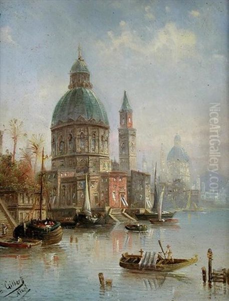 Venetian Scene (+ Another; Pair) Oil Painting by Francois Ambroise Germain Gilbert