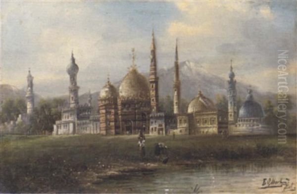 View Of A Mosque With Figures By A Pond In The Foreground Oil Painting by Frederick Gilbert