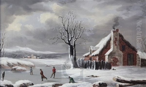 Skaters In A Winter Landscape Oil Painting by Joseph Francis John Gilbert