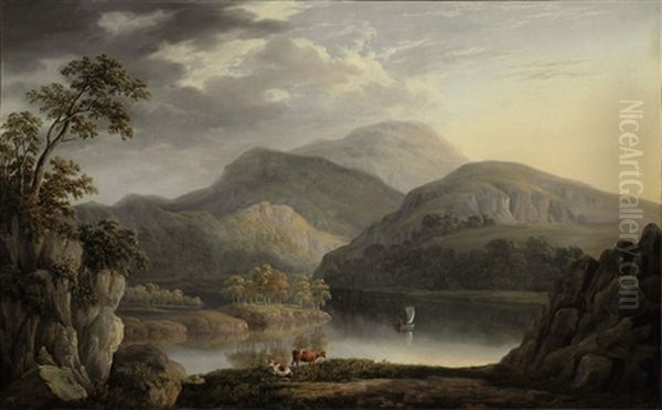 Figures In A Lakeland Landscape Oil Painting by Joseph Francis John Gilbert