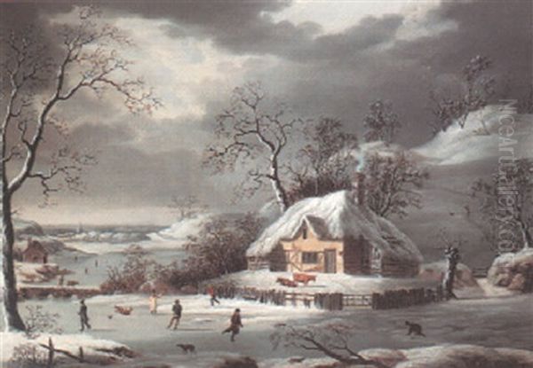 Winter Scene With Figures Skating On A Frozen River Oil Painting by Joseph Francis John Gilbert