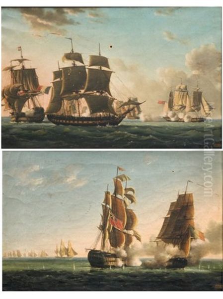 Bataille Navale Entre La Marine Francaise (+ La Marine Anglaise; Pair) Oil Painting by Pierre Julien Gilbert