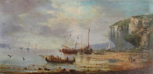 Bateaux De Peche Sur La Greve Pres D'une Falaise Oil Painting by Pierre Julien Gilbert