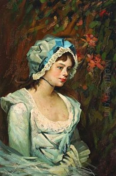 A Young Woman In A Blue Dress Oil Painting by R. Gilbert