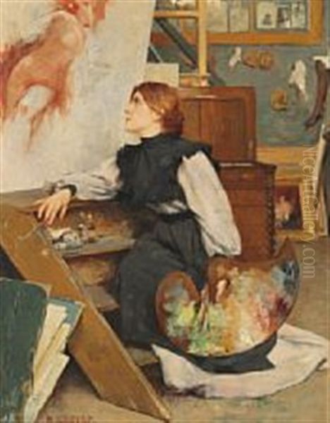 An Artist Contemplates The Work Of The Day In Her Studio Oil Painting by Rene Joseph Gilbert