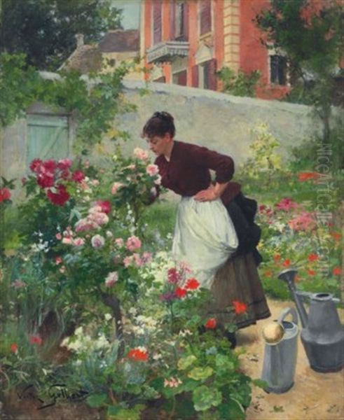 Une Jardiniere Avec Des Fleurs Oil Painting by Victor Gabriel Gilbert