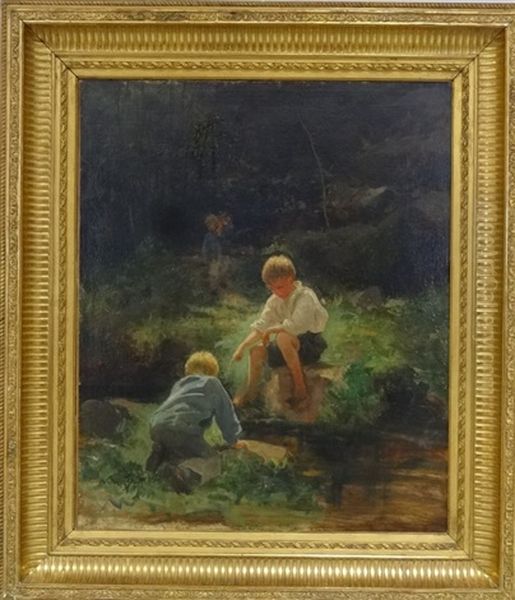 Enfants Jouant Au Bord Du Ruisseau Oil Painting by Victor Gabriel Gilbert