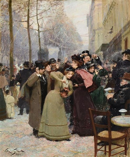 Jour De Mardi Gras, Bataille De Confettis Sur Les Grands Boulevards, Paris Oil Painting by Victor Gabriel Gilbert