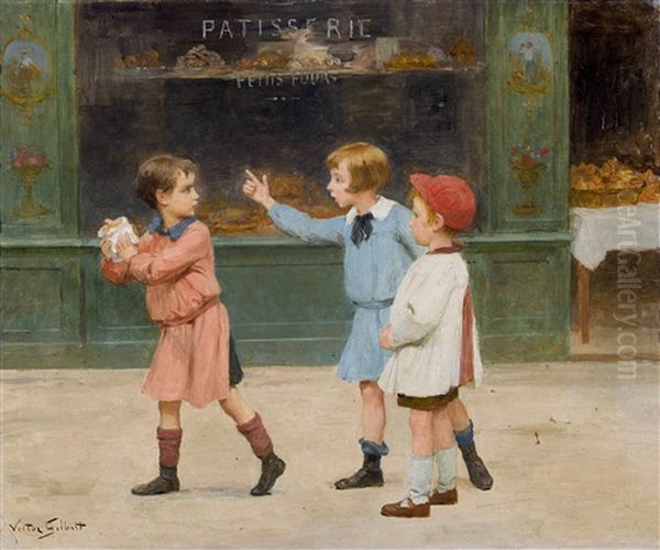 Trois Enfants Devant Une Patisserie Oil Painting by Victor Gabriel Gilbert