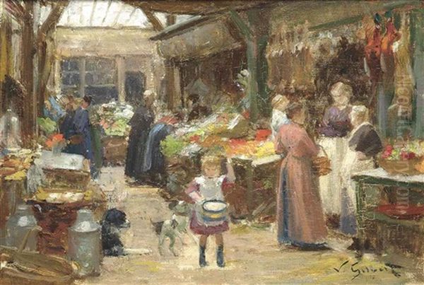 A French Food Market Oil Painting by Victor Gabriel Gilbert