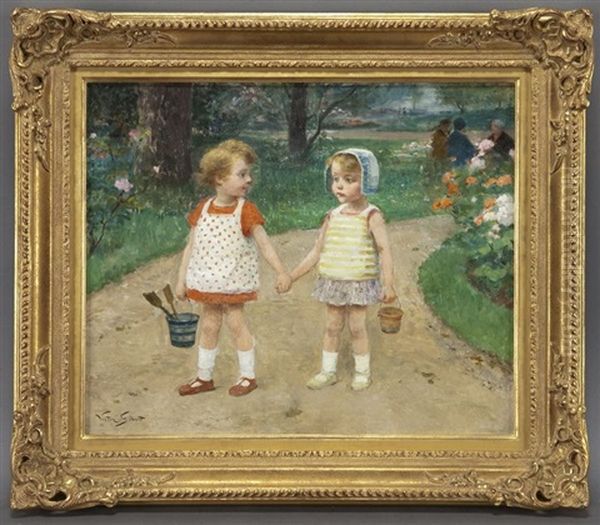 Two Children With Buckets Oil Painting by Victor Gabriel Gilbert