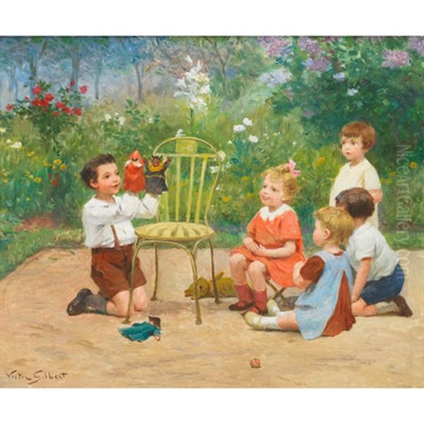 Playing With Puppets Oil Painting by Victor Gabriel Gilbert