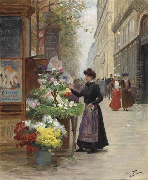 Florist On A Paris Boulevard Oil Painting by Victor Gabriel Gilbert