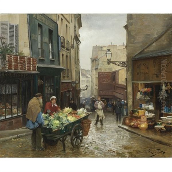 Market On The Rue Mouffetard, Paris Oil Painting by Victor Gabriel Gilbert