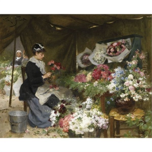 A Flower Seller Making Her Bouquets Oil Painting by Victor Gabriel Gilbert