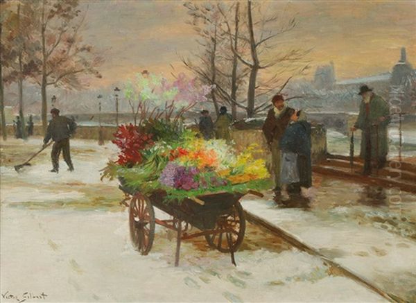 Marchande De Fleurs Sur Le Pont Des Arts Oil Painting by Victor Gabriel Gilbert