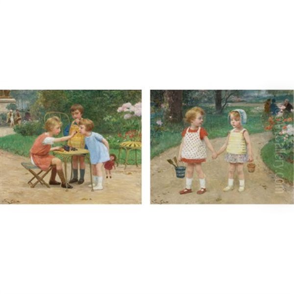 The Children's Tea Party (+ Children With Buckets; 2 Works) Oil Painting by Victor Gabriel Gilbert