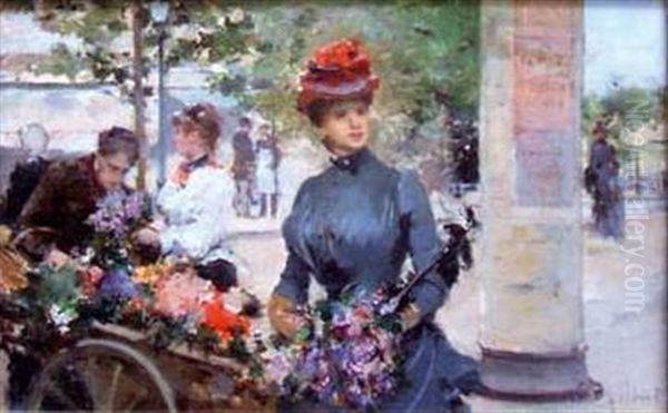 Elegante Au Marche Aux Fleurs Oil Painting by Victor Gabriel Gilbert