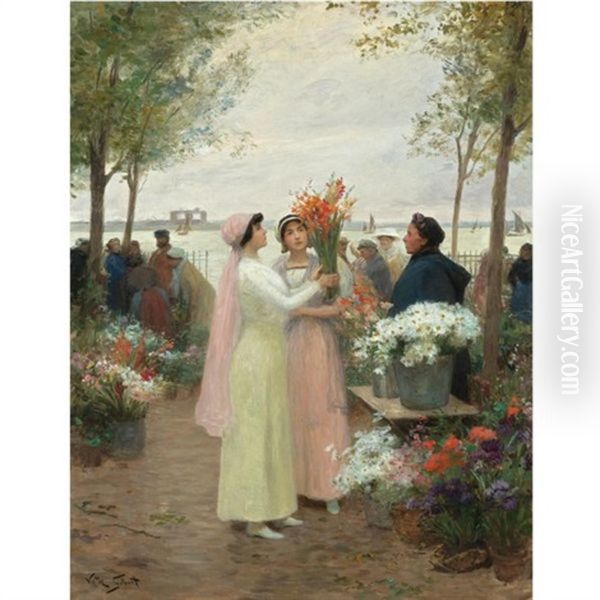 Elegantes Au Marche Des Fleurs Oil Painting by Victor Gabriel Gilbert