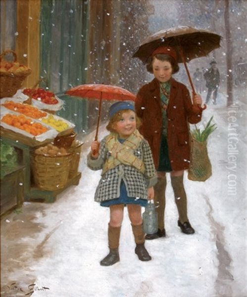 Fillettes Sous La Neige Oil Painting by Victor Gabriel Gilbert