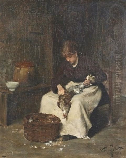 Junge Frau Beim Huhnerrupfen Oil Painting by Victor Gabriel Gilbert