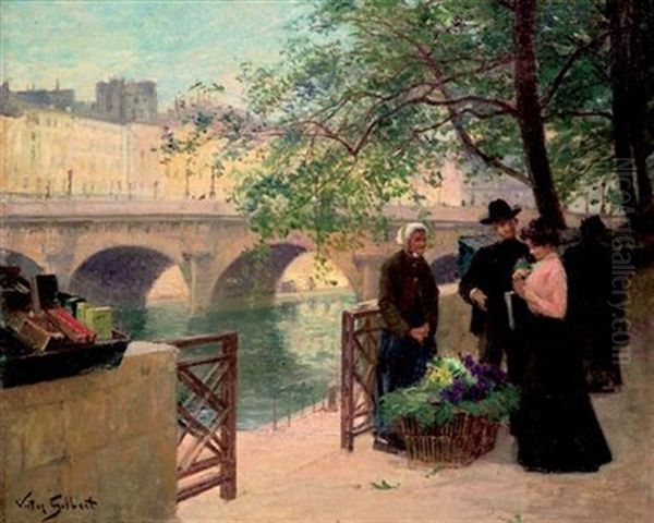 La Marchande De Fleurs Sous Le Pont Du Louvre Oil Painting by Victor Gabriel Gilbert