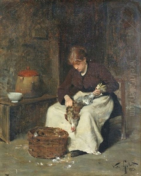 Junge Frau Beim Huhnerrupfen Oil Painting by Victor Gabriel Gilbert