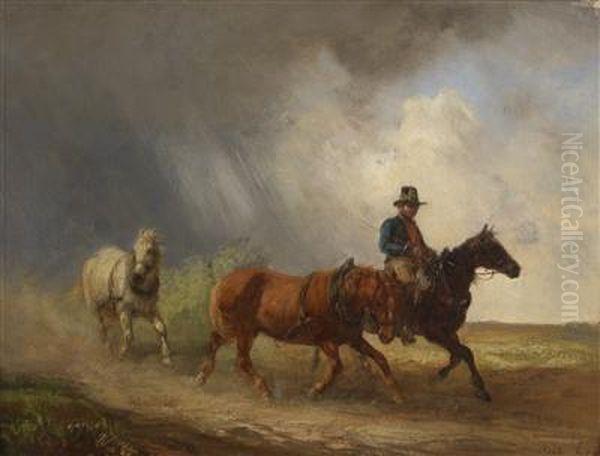 Rider And Two Horses In A Landscape Oil Painting by Alois Bach