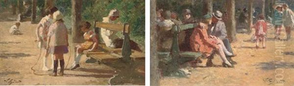 Children In A Park (+ A Couple On A Park Bench; Pair) Oil Painting by Victor Gabriel Gilbert