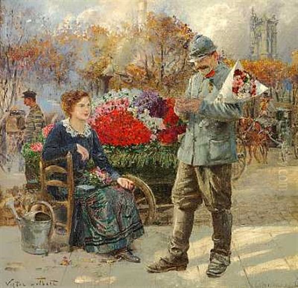 En Blomstersaelgerske Pa En Gade I Paris Oil Painting by Victor Gabriel Gilbert