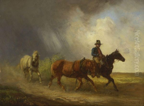 Postreiter Mit Pferden Bei Aufziehendem Gewitter Oil Painting by Alois Bach