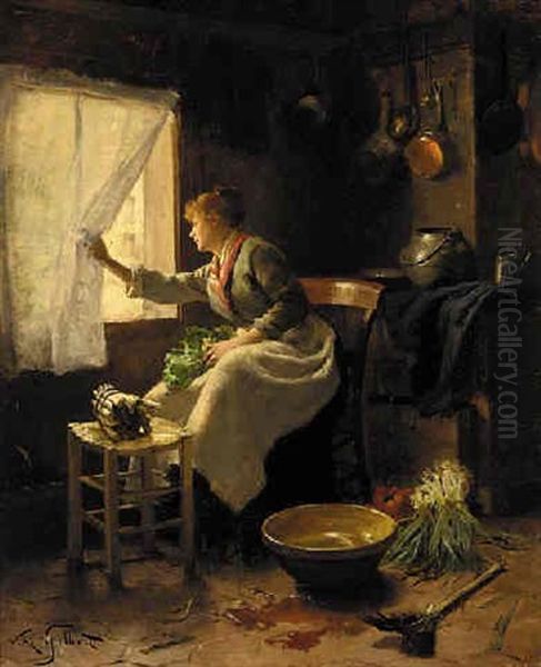 Preparing Vegetables For Dinner Oil Painting by Victor Gabriel Gilbert