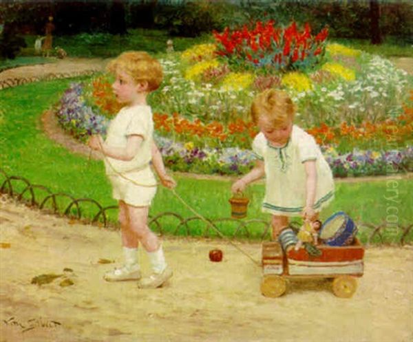 Two Children With A Cart Of Toys Oil Painting by Victor Gabriel Gilbert