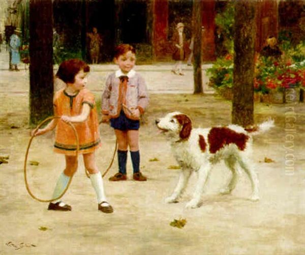 A Boy And A Girl With Hoops And A Dog Oil Painting by Victor Gabriel Gilbert