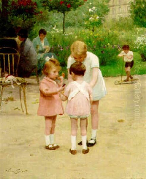 Three Children In A Park With Croissants Oil Painting by Victor Gabriel Gilbert