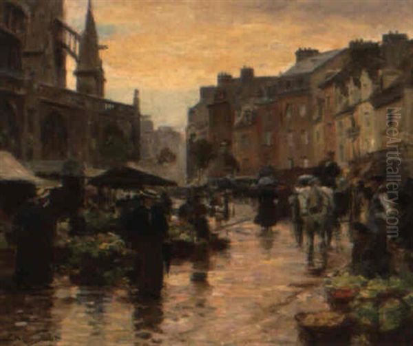 Les Halles A Paris, Avec L'eglise Saint-eustache Oil Painting by Victor Gabriel Gilbert