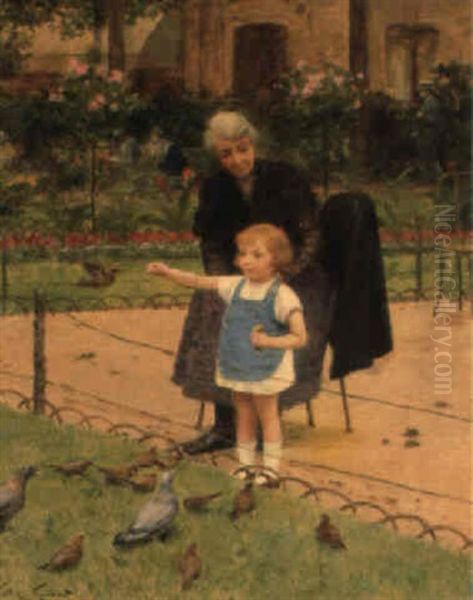 Feeding Pigeons With Grandmother Oil Painting by Victor Gabriel Gilbert